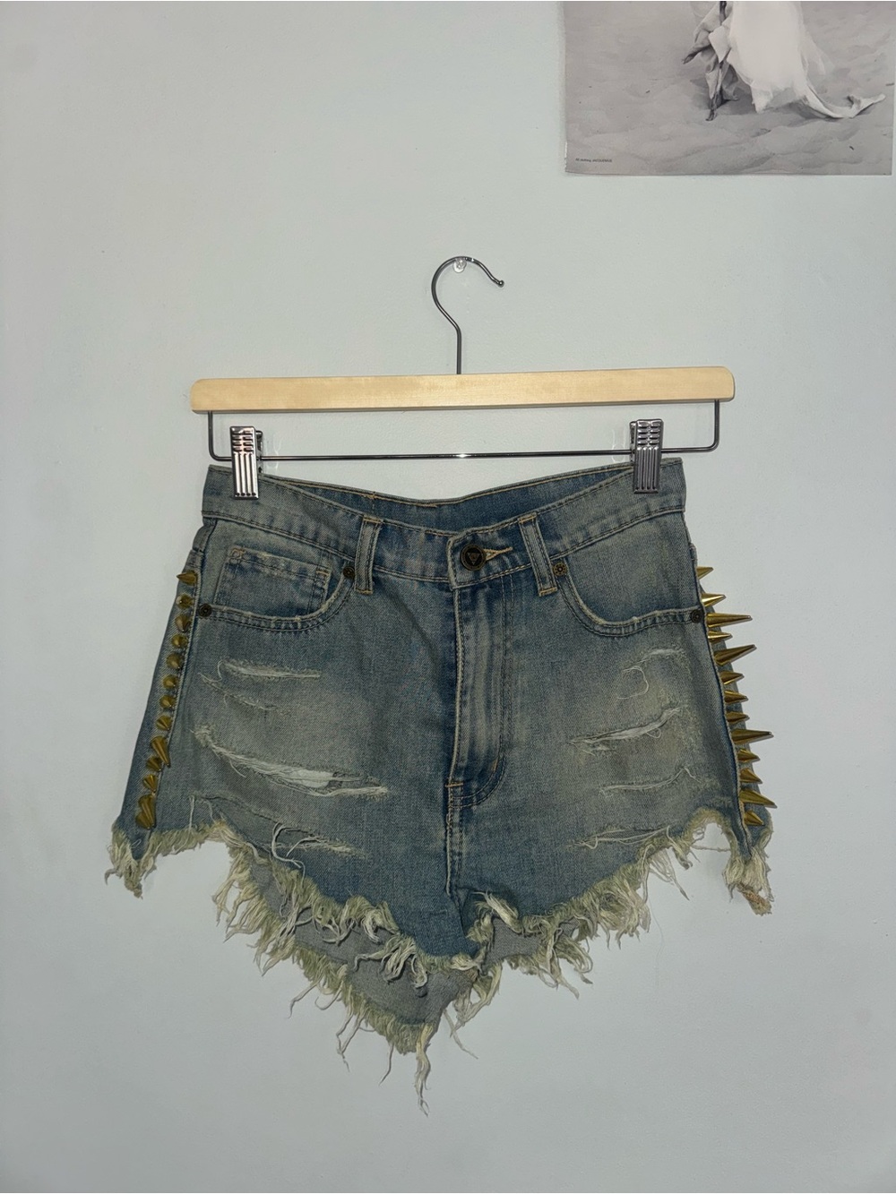 UNIF Distressed Fringe Denim Shorts with Gold Spike Trim - Blue